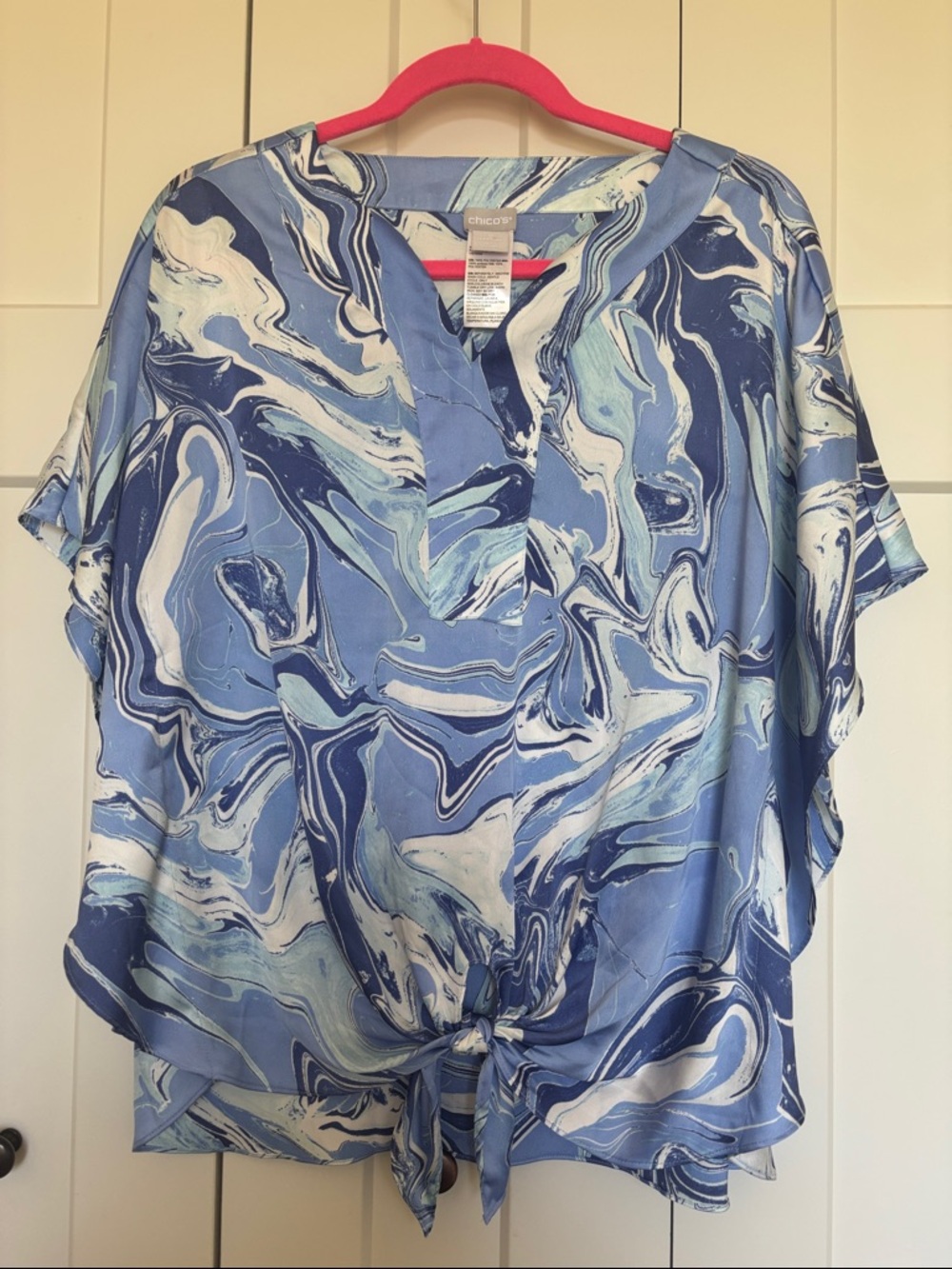 Chico's Blue & White Marble-Print Tie-Hem Blouse